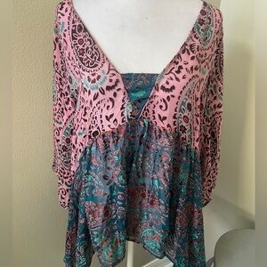 Floreat Brand Color Block Oversized Blouse V Neck Loose Sleeves Pink Medium